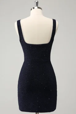 Brilhante Azul Escuro Pescoço Quadrado Bodycon Mini Homecoming Vestido Com Fenda