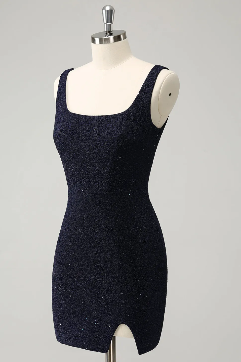Brilhante Azul Escuro Pescoço Quadrado Bodycon Mini Homecoming Vestido Com Fenda