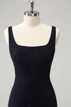 Brilhante Azul Escuro Pescoço Quadrado Bodycon Mini Homecoming Vestido Com Fenda