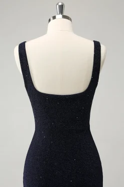 Brilhante Azul Escuro Pescoço Quadrado Bodycon Mini Homecoming Vestido Com Fenda