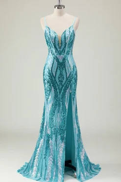 Brilhante azul sereia espaguete alças longo vestido de baile com lantejoulas