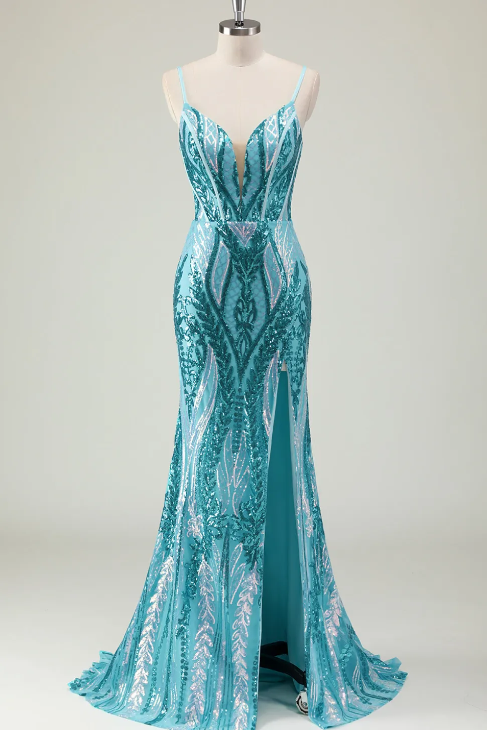 Brilhante azul sereia espaguete alças longo vestido de baile com lantejoulas