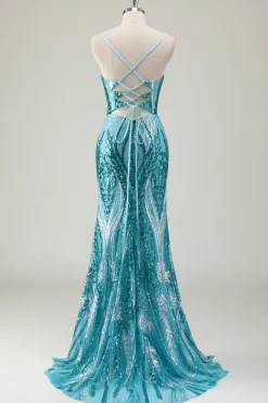 Brilhante azul sereia espaguete alças longo vestido de baile com lantejoulas