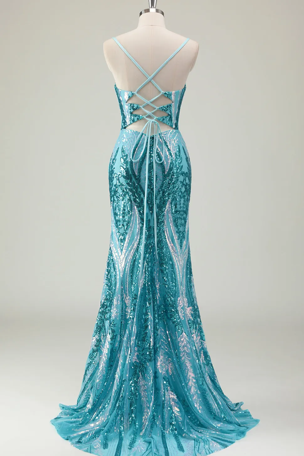 Brilhante azul sereia espaguete alças longo vestido de baile com lantejoulas
