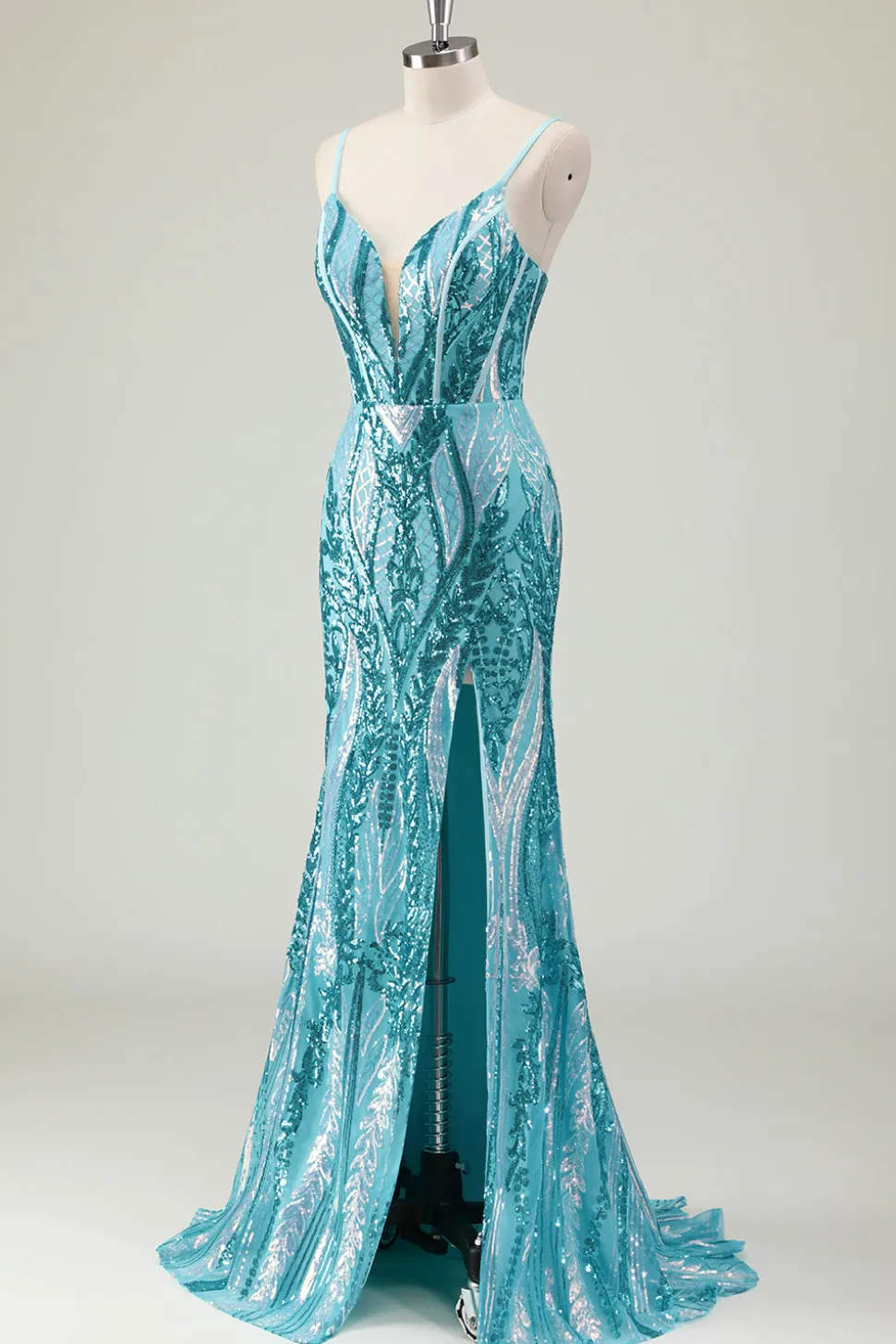 Brilhante azul sereia espaguete alças longo vestido de baile com lantejoulas