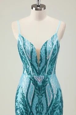Brilhante azul sereia espaguete alças longo vestido de baile com lantejoulas
