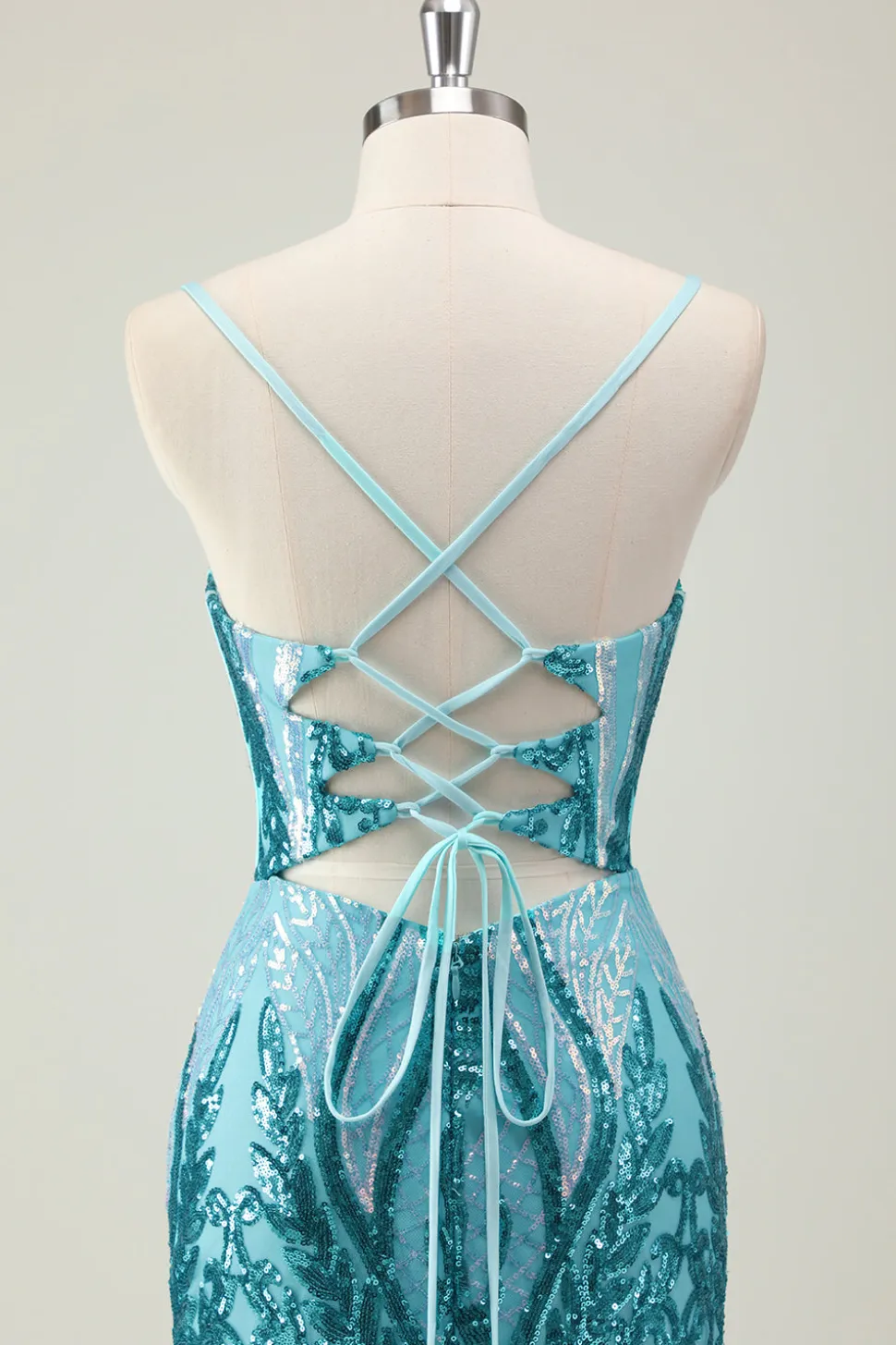 Brilhante azul sereia espaguete alças longo vestido de baile com lantejoulas
