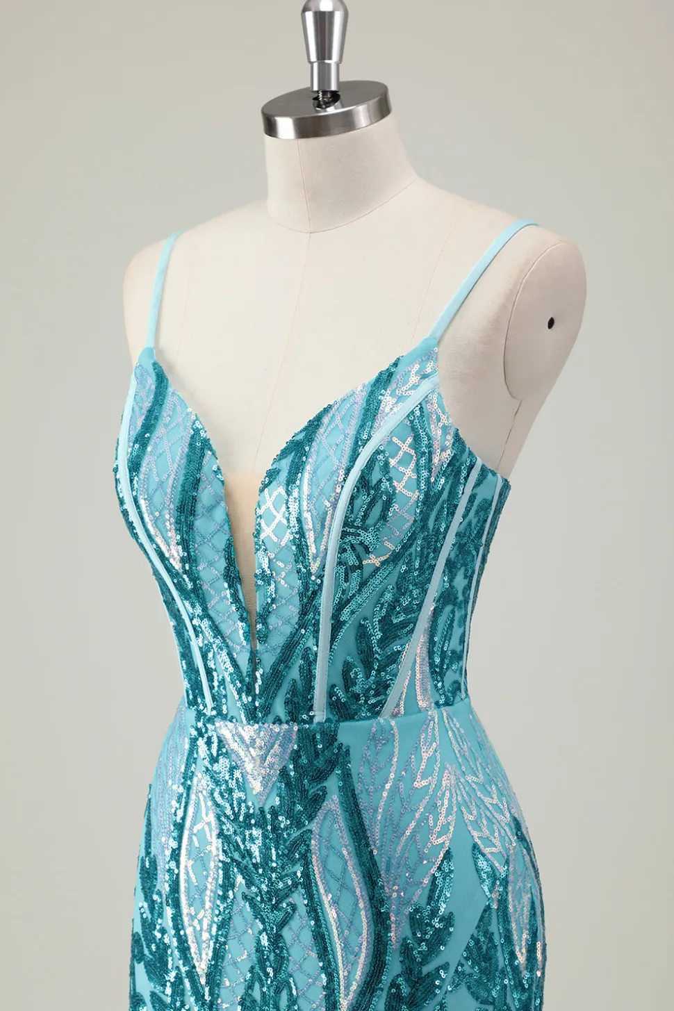 Brilhante azul sereia espaguete alças longo vestido de baile com lantejoulas