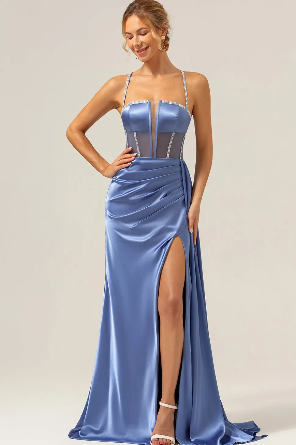 Brilhante azul sereia espaguete correias espartilho vestido de baile com renda para trás