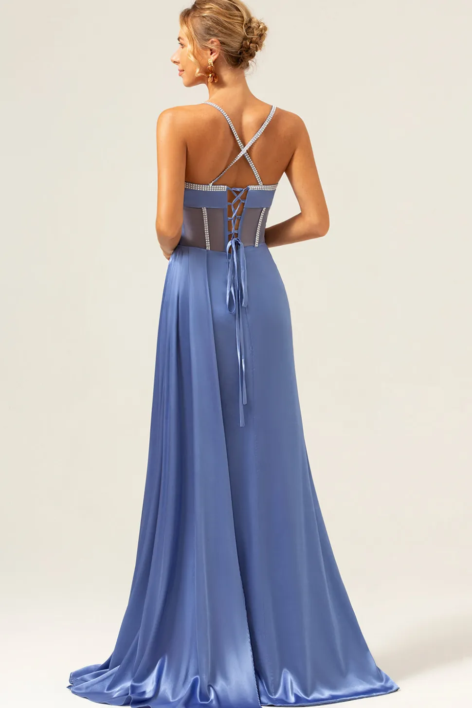 Brilhante azul sereia espaguete correias espartilho vestido de baile com renda para trás