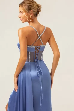 Brilhante azul sereia espaguete correias espartilho vestido de baile com renda para trás