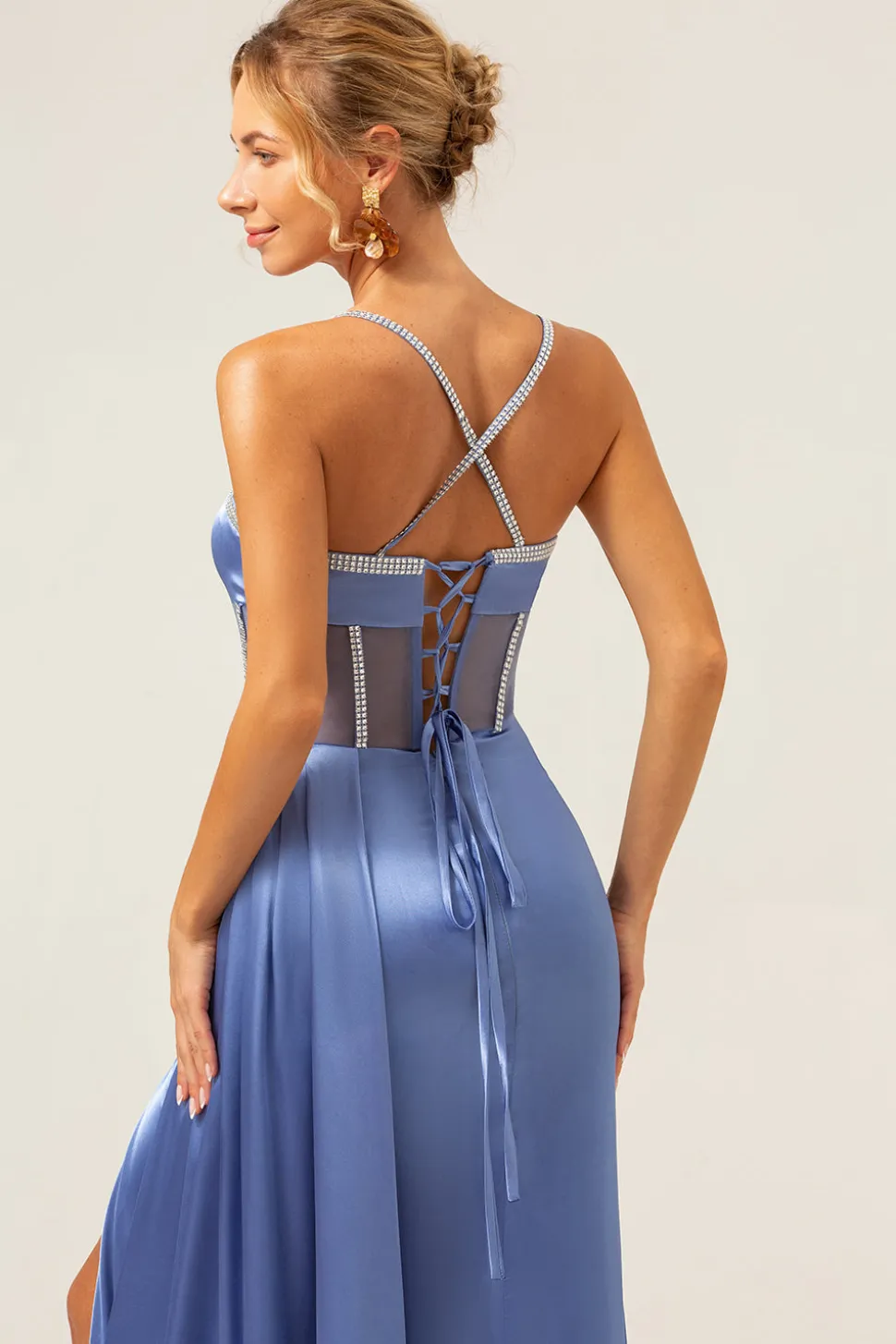 Brilhante azul sereia espaguete correias espartilho vestido de baile com renda para trás