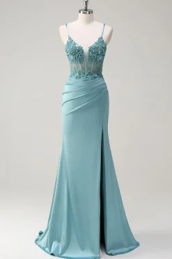 Brilhante azul sereia espartilho vestido de baile com fenda