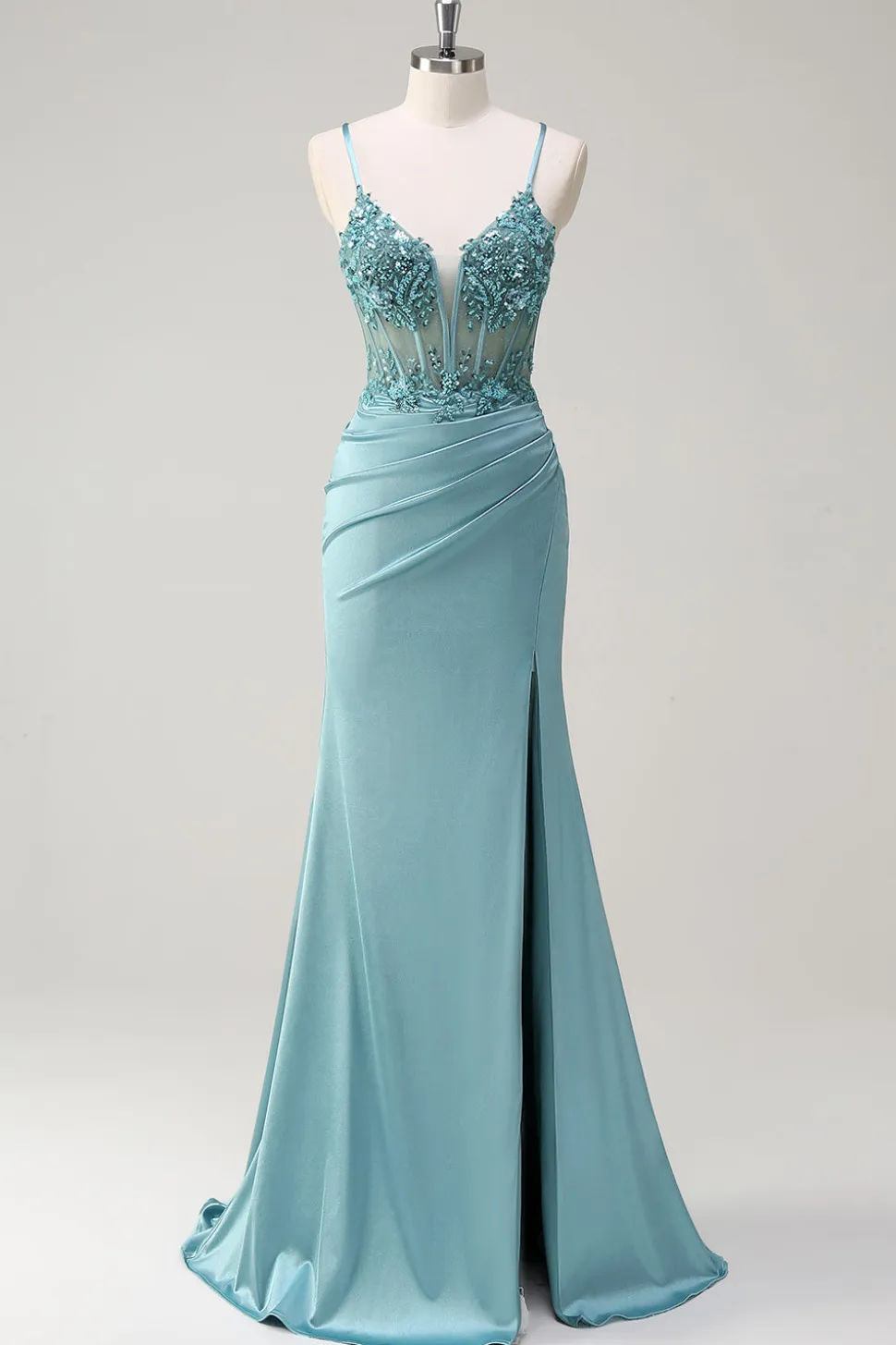 Brilhante azul sereia espartilho vestido de baile com fenda