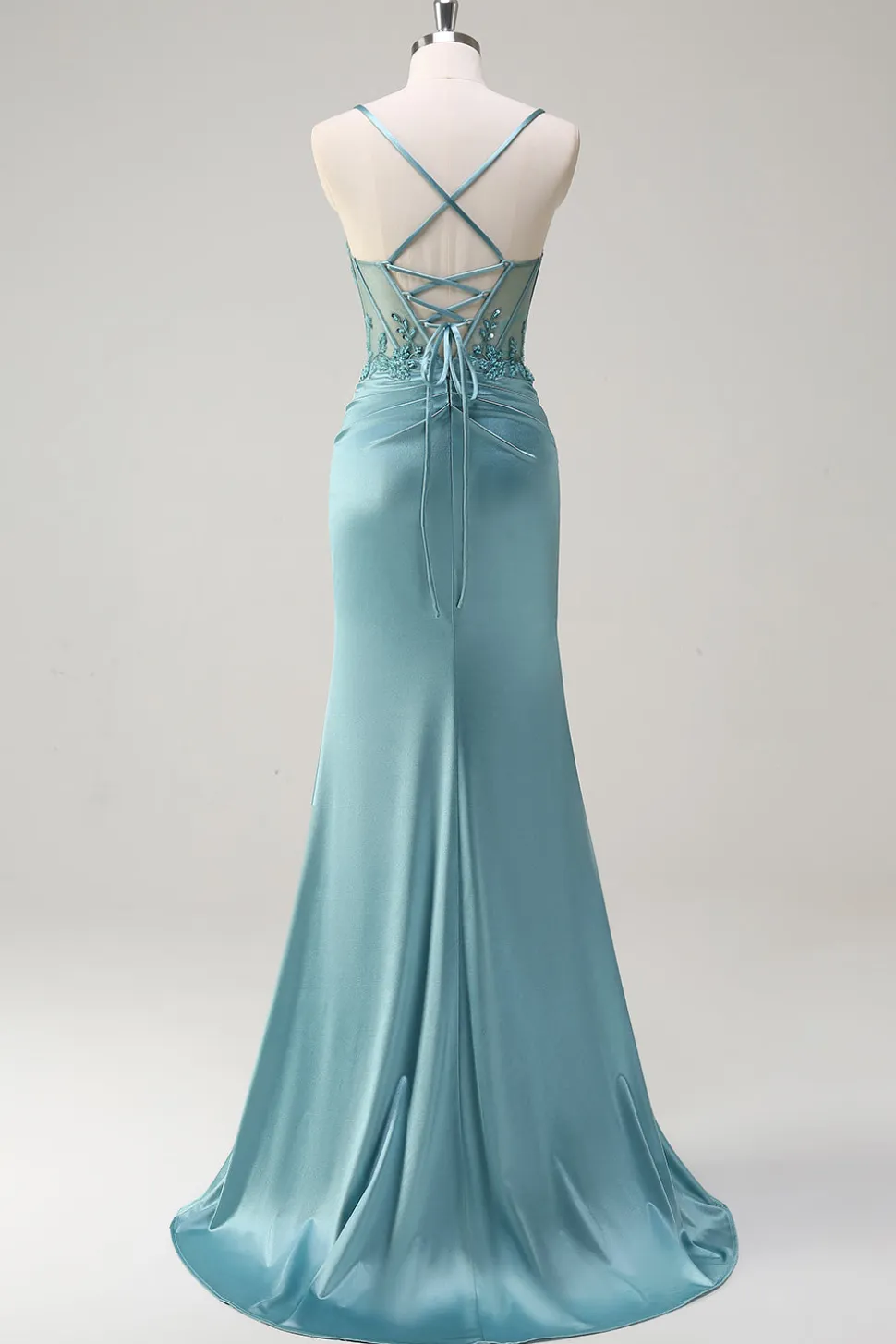 Brilhante azul sereia espartilho vestido de baile com fenda