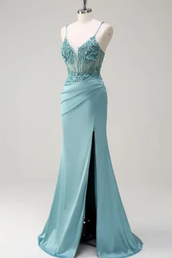 Brilhante azul sereia espartilho vestido de baile com fenda