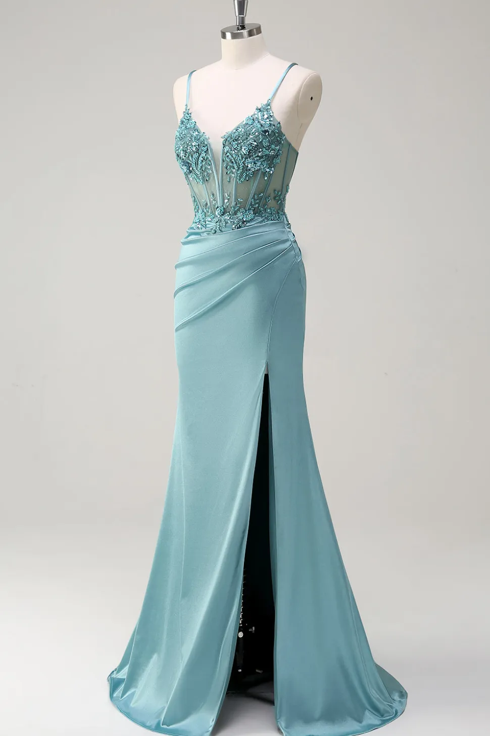 Brilhante azul sereia espartilho vestido de baile com fenda