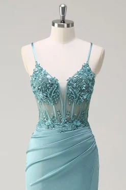 Brilhante azul sereia espartilho vestido de baile com fenda