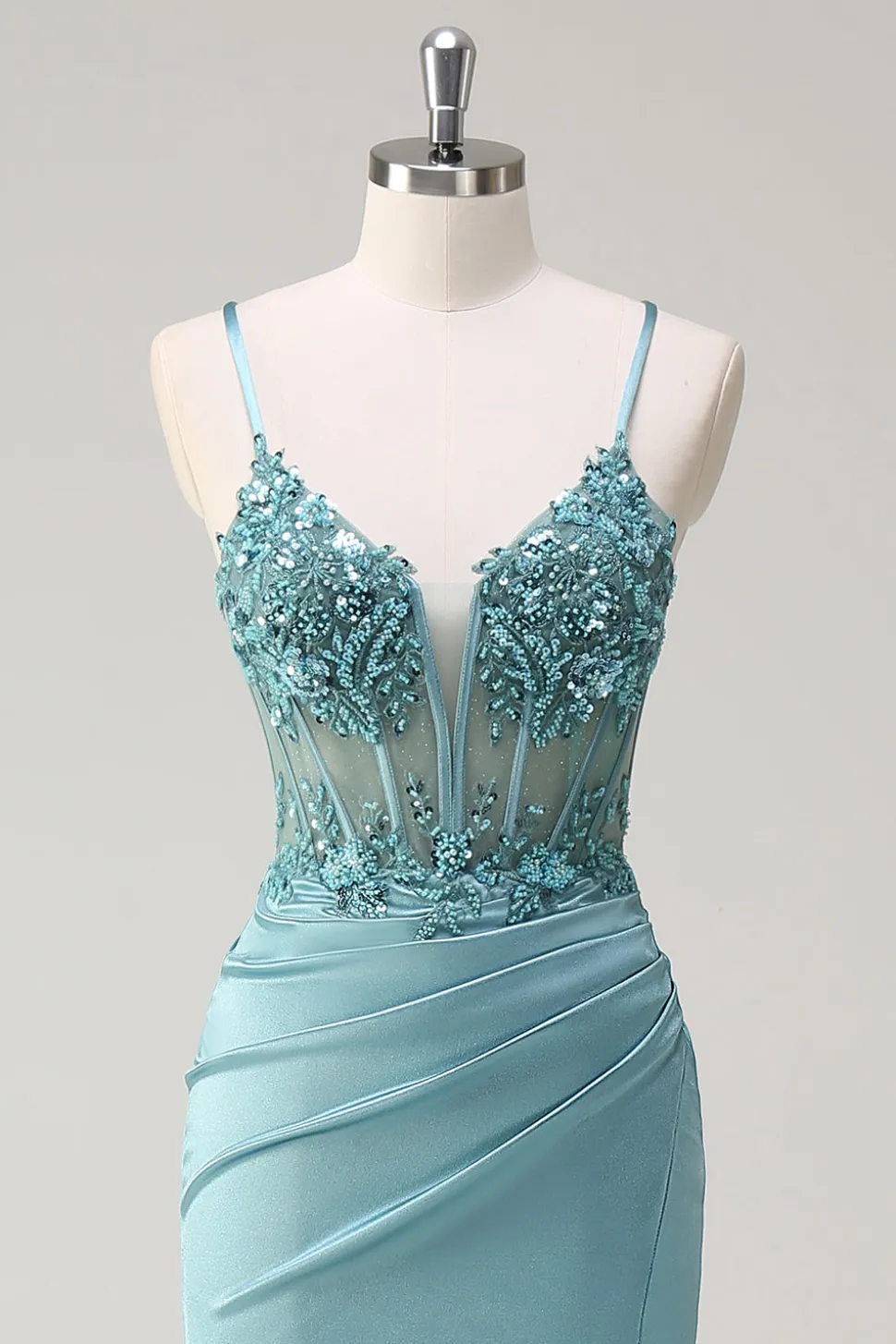 Brilhante azul sereia espartilho vestido de baile com fenda