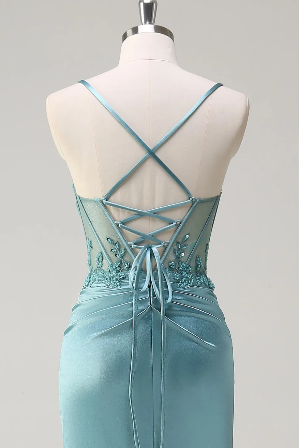 Brilhante azul sereia espartilho vestido de baile com fenda