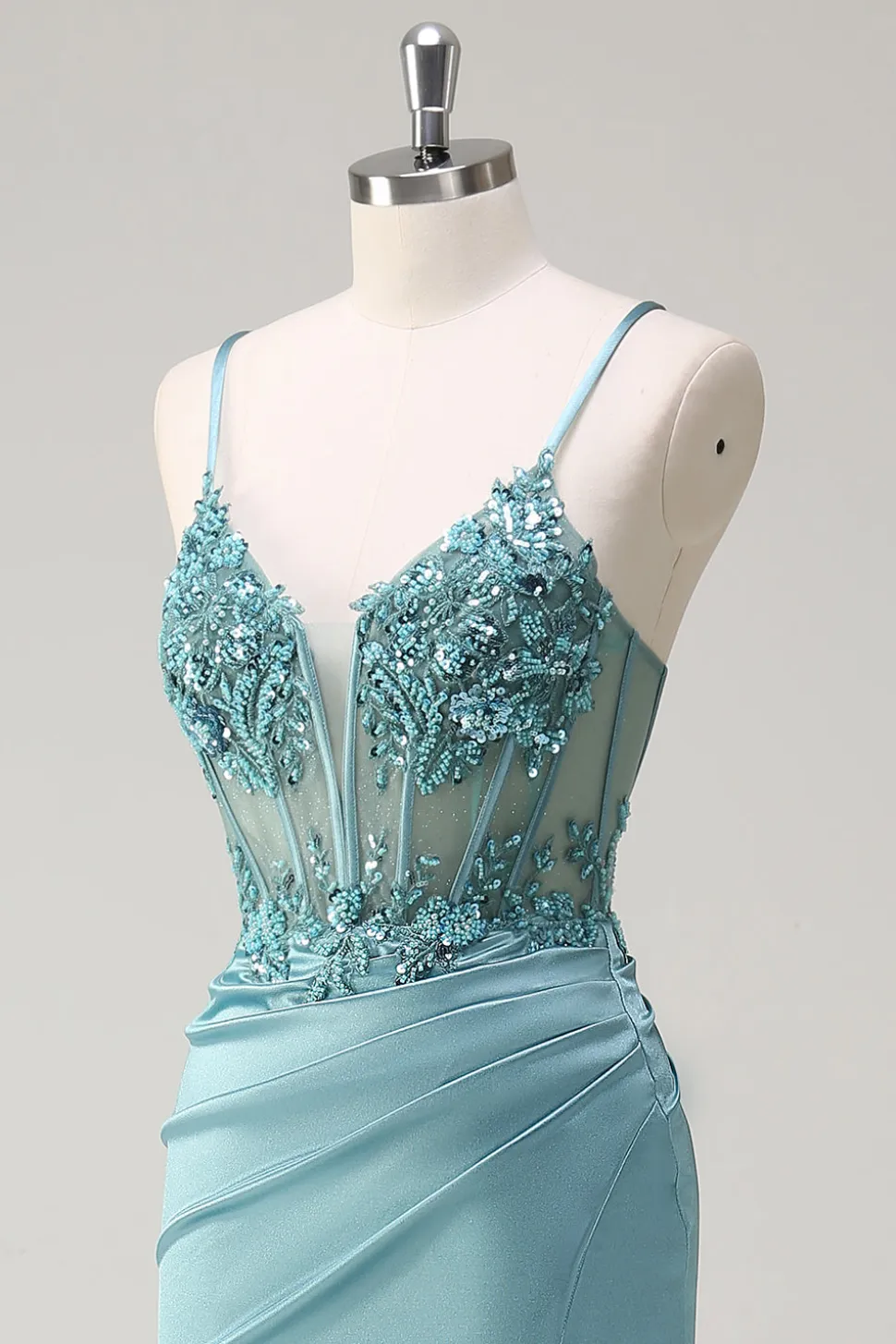 Brilhante azul sereia espartilho vestido de baile com fenda