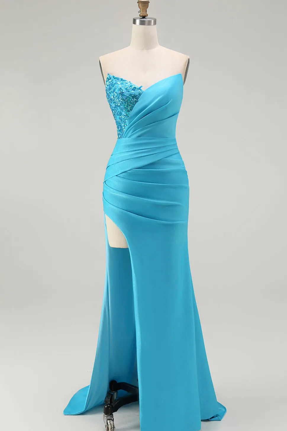 Brilhante Azul Sereia Plissado Longo Vestido De Baile Com Fenda