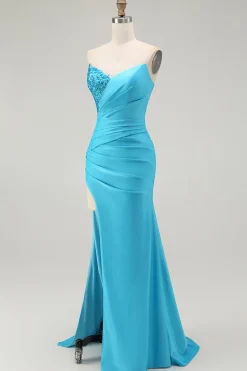 Brilhante Azul Sereia Plissado Longo Vestido De Baile Com Fenda