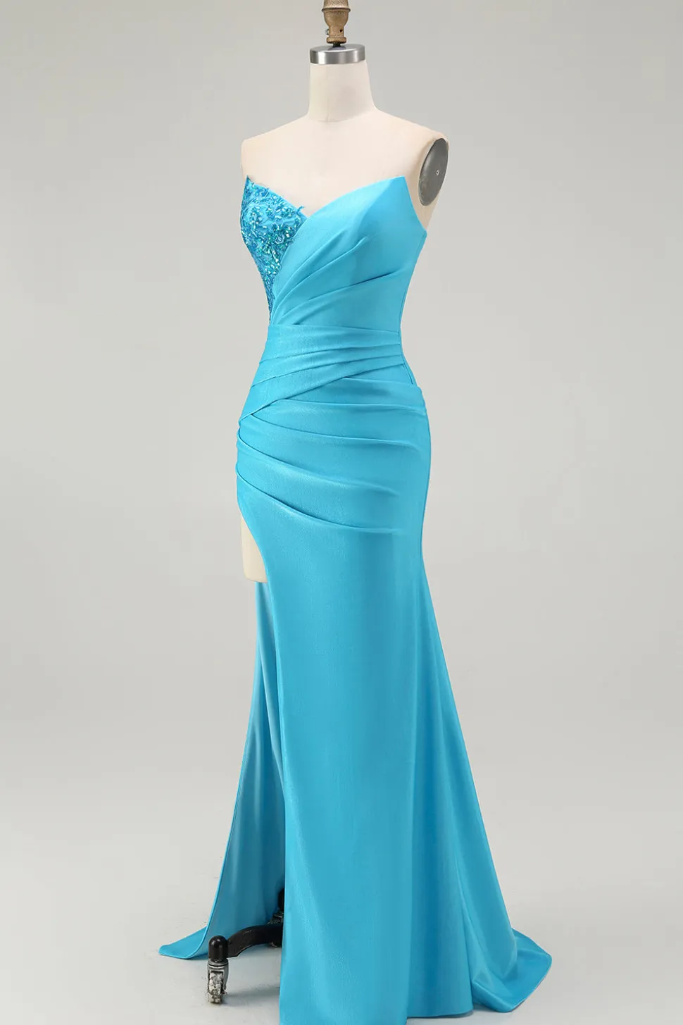 Brilhante Azul Sereia Plissado Longo Vestido De Baile Com Fenda