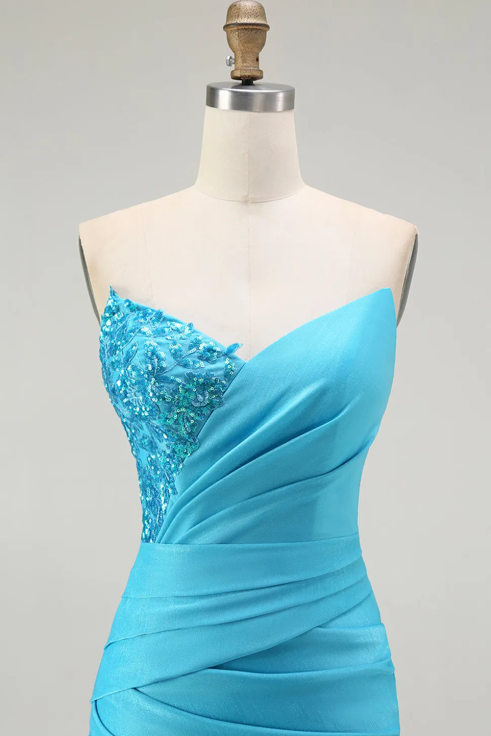 Brilhante Azul Sereia Plissado Longo Vestido De Baile Com Fenda