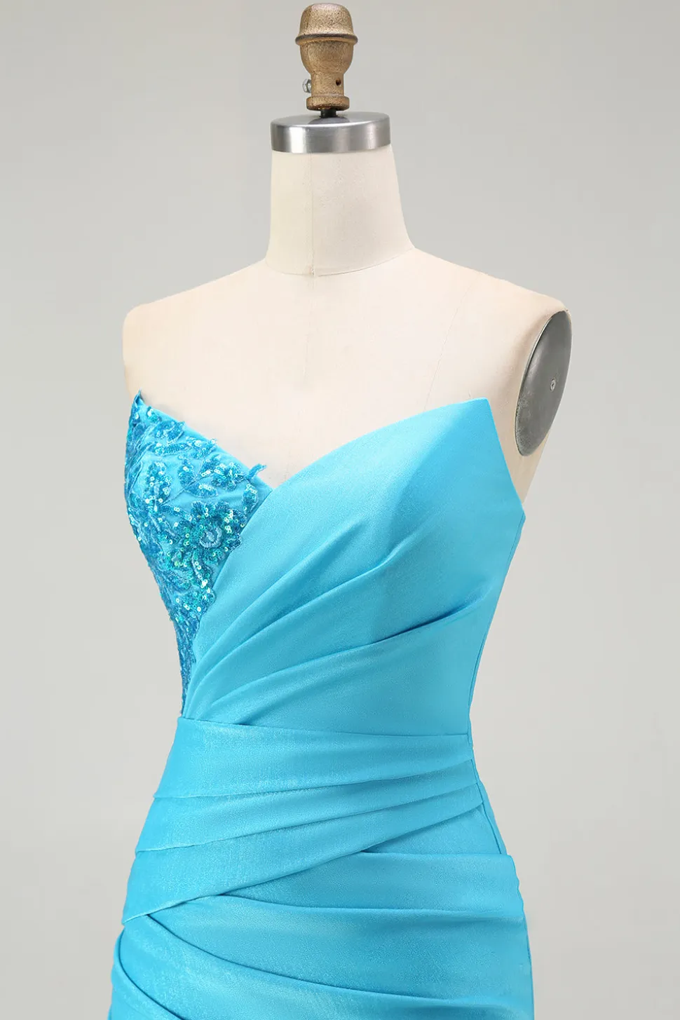 Brilhante Azul Sereia Plissado Longo Vestido De Baile Com Fenda