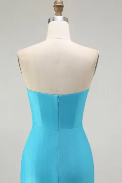 Brilhante Azul Sereia Plissado Longo Vestido De Baile Com Fenda