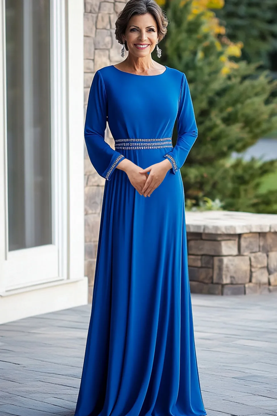 Brilhante bainha azul real mangas compridas frisado mãe do vestido da noiva