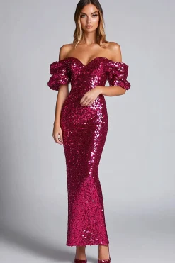 Brilhante bainha Fuchsia fora do ombro lantejoulas vestido formal longo