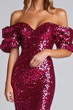 Brilhante bainha Fuchsia fora do ombro lantejoulas vestido formal longo