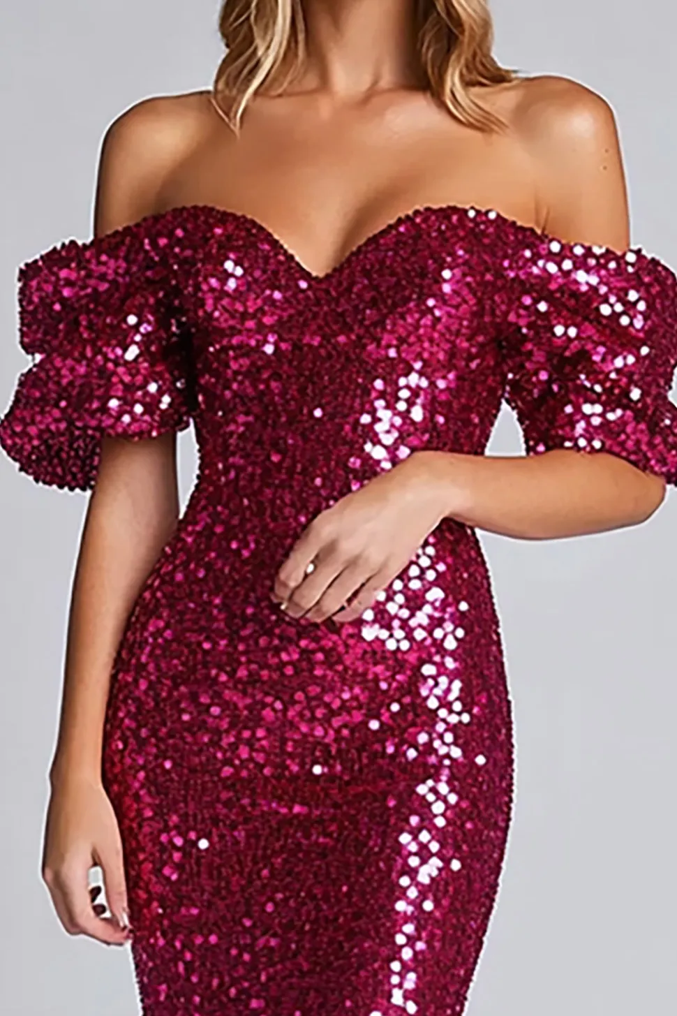 Brilhante bainha Fuchsia fora do ombro lantejoulas vestido formal longo