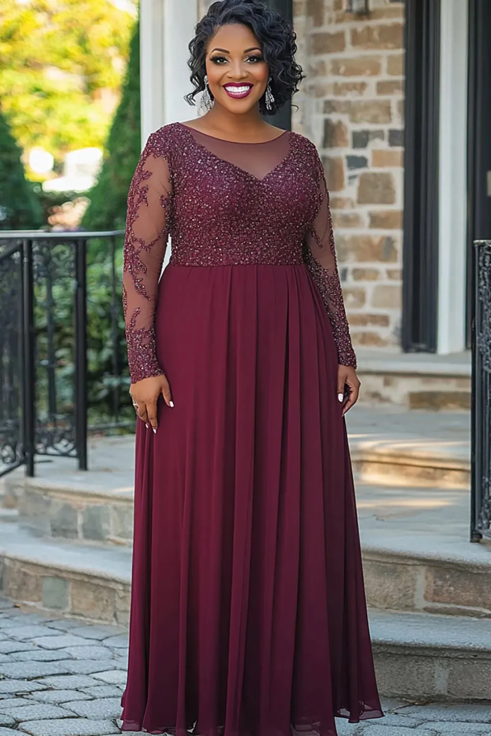 Brilhante Borgonha Bainha Longo Vestido Mae Noiva com Mangas Compridas