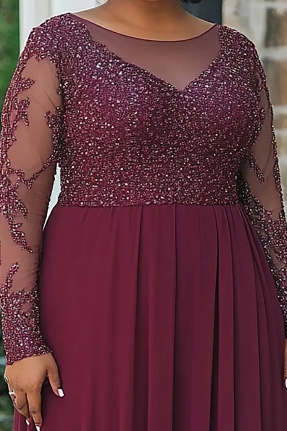 Brilhante Borgonha Bainha Longo Vestido Mae Noiva com Mangas Compridas