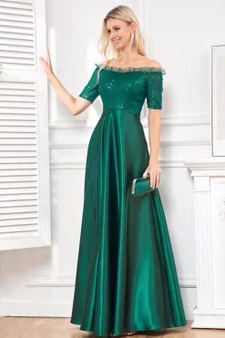 Brilhante Cetim Verde Escuro Uma Linha Mãe de Vestido de Noiva