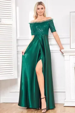 Brilhante Cetim Verde Escuro Uma Linha Mãe de Vestido de Noiva