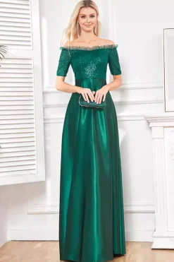 Brilhante Cetim Verde Escuro Uma Linha Mãe de Vestido de Noiva