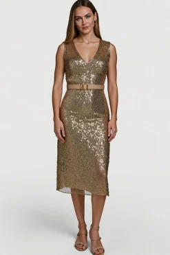 Brilhante Dourado Bodycon Lantejoulas Midi Vestido de Férias com Cinto