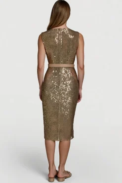 Brilhante Dourado Bodycon Lantejoulas Midi Vestido de Férias com Cinto
