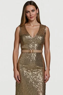 Brilhante Dourado Bodycon Lantejoulas Midi Vestido de Férias com Cinto