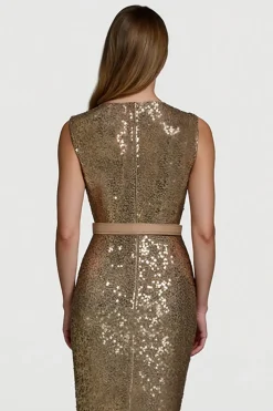 Brilhante Dourado Bodycon Lantejoulas Midi Vestido de Férias com Cinto