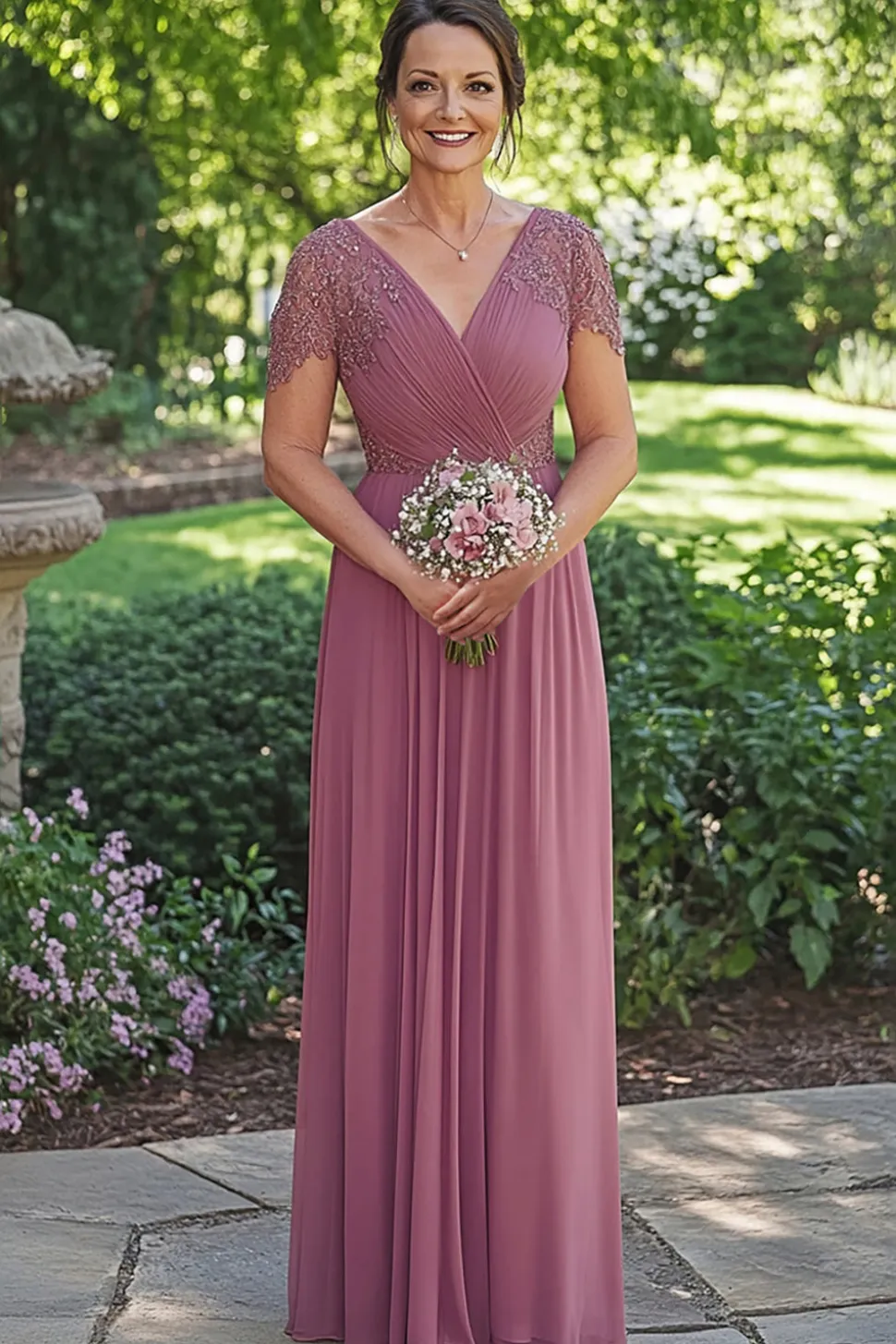 Brilhante Dusty Rose A-Line Wrap Lantejoulas mangas curtas Chiffon Long Mãe do vestido de noiva