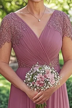 Brilhante Dusty Rose A-Line Wrap Lantejoulas mangas curtas Chiffon Long Mãe do vestido de noiva