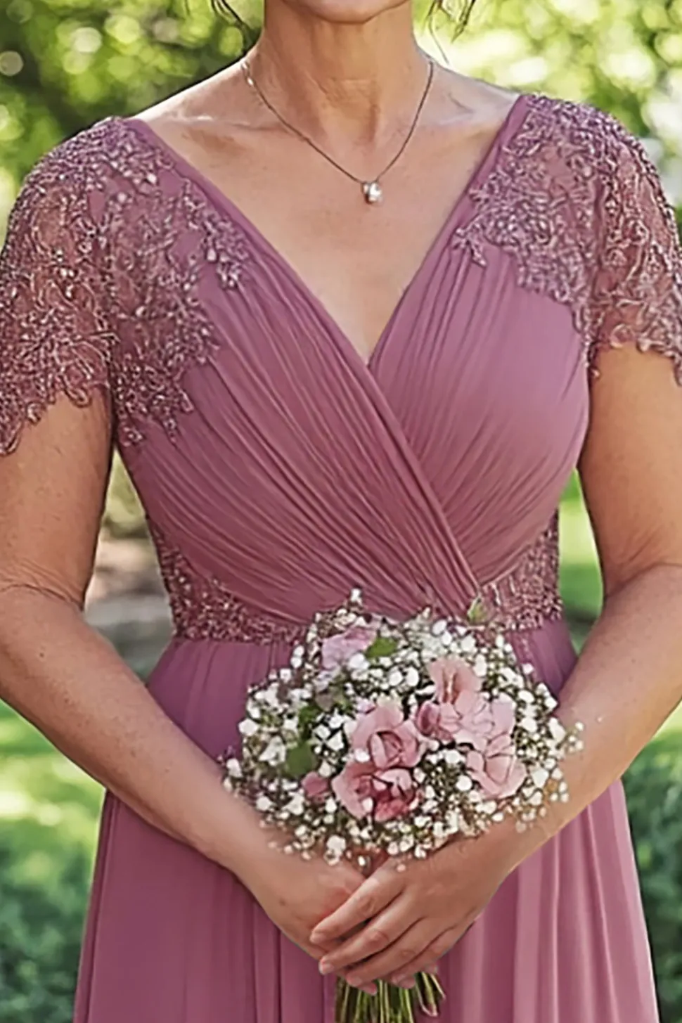 Brilhante Dusty Rose A-Line Wrap Lantejoulas mangas curtas Chiffon Long Mãe do vestido de noiva