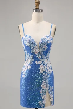 Brilhante Flores Azul Bodycon Lantejoulas Mini Vestido Cocktail