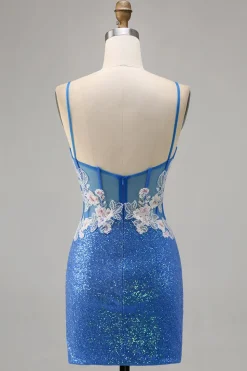 Brilhante Flores Azul Bodycon Lantejoulas Mini Vestido Cocktail