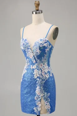 Brilhante Flores Azul Bodycon Lantejoulas Mini Vestido Cocktail